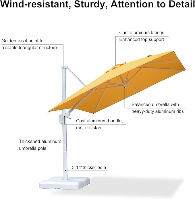 PURPLE LEAF 8 FT Patio Umbrella With Base White Cantilever Umbrella Square Outdoor Offset Umbrella Windproof with 360° Rotation for Garden Deck Pool, Yellow