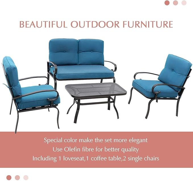 Outdoor Furniture Patio Conversation Set Loveseat, 2 Chairs, Coffee Table with Cushion, Lawn Front Porch Garden, Metal Chair Set Wrought Iron Look(Peacock Blue)