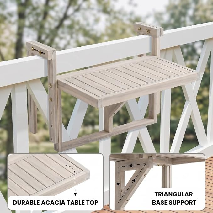 Acacia Wood Balcony Hanging Table – Stable Fixed Outdoor Railing Table – Weather-Resistant White Finish – Adjustable Mounting for Small Balcony, Patio, and Porch