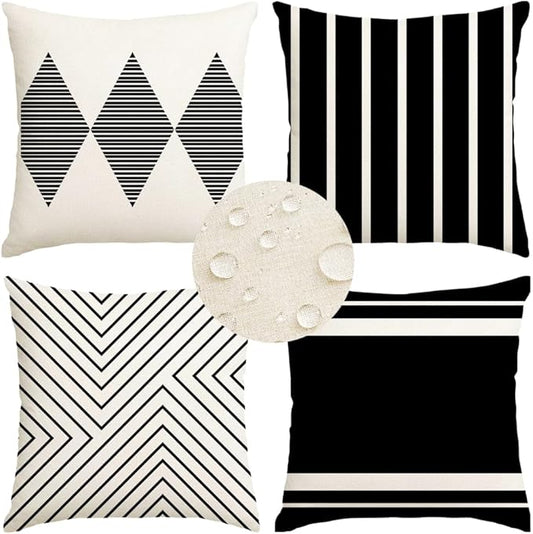RABUSOFA Outdoor Pillows Waterproof,20x20 inch Black and White Boho Set of 4 for Patio Furniture,Sunbrella Outdoor Pillow Covers for Couch(no Insert)