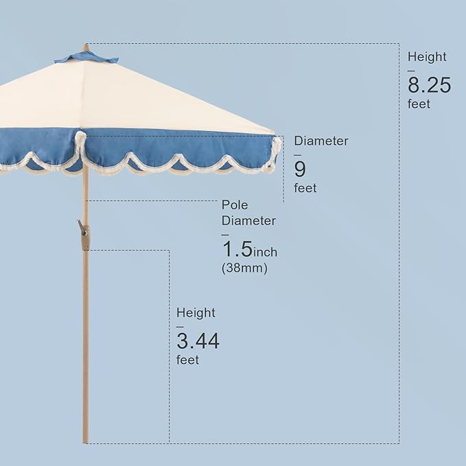 Tempera 9ft Beige Spliced Twilight Blue Tassels Scallop Patio umbrella,Outdoor Table Market Umbrellas with Crank & Pust Button Tilt, Wood Color Pole and 8 Steel Ribs