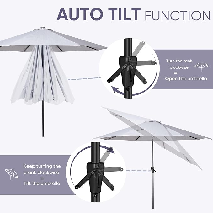 Tempera Patio Market Outdoor Table Umbrella with Auto Tilt and Crank, Large Sun Umbrella with Sturdy Pole & Fade Resistant Canopy, Easy to Set