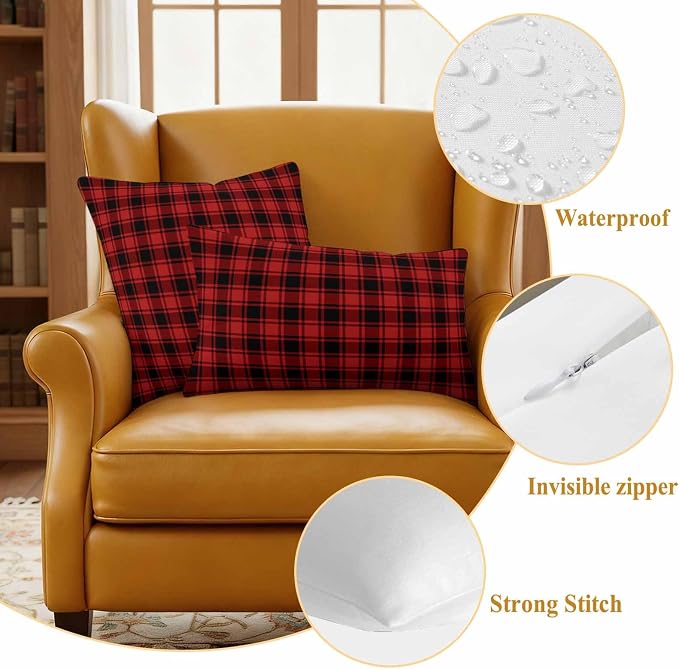 Red Black Plaid Waterproof Outdoor Pillow Covers Set of 2 Home Decor Vintage Farmhouse Abstract Buffalo Check Pillowcase Patio Pillow Covers for Couch Bench Furniture Garden 20x20in