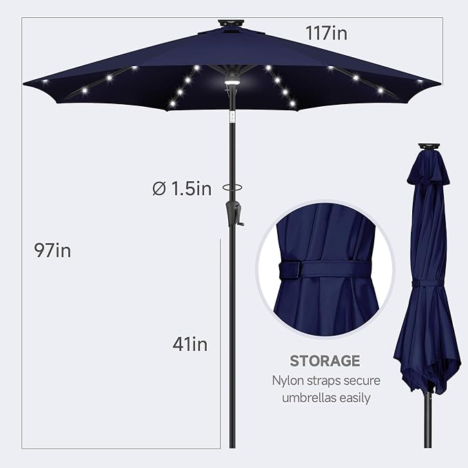 FLAME&SHADE 10 FT Solar Light Patio Umbrella, 40 LED lights outdoor umbrella with Centre Surround Light, Table Market Umbrella for Deck, Pool, Porch, Backyard, Garden, UV Protection, Navy Blue