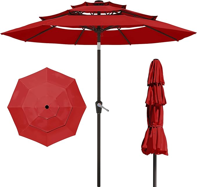 10FT Patio Umbrella 3 Tiers Outdoor Market Umbrella w/Push Button Tilt, Crank, UV and Waterproof Table Umbrella for Garden, Pool, Backyard, Deck, Lawn, Red