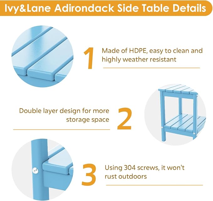 IVY&LANE Adirondack Outdoor Side Table | HDPE Plastic | Patio End Tables with Storage | 2-Shelf | Weather Resistant | Arctic | 14 x 13 Inches | for Outside Porch Deck Backyard Indoor