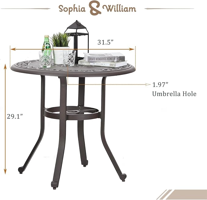 Sophia & William Cast Aluminium Patio Bistro Table Round with 1.97" Umbrella Hole, Premium Bronze Outdoor Bar Dining Table for Porch Balcony Backyard, 31.5" Dia x 29.1" H