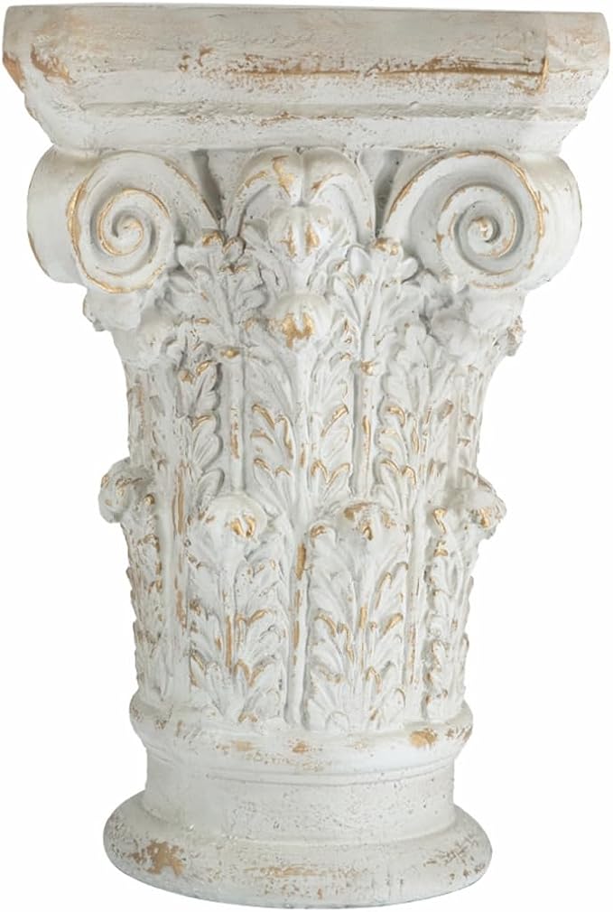 Small Side Table for Living Room, Farmhouse Rustic French Country MGO Pedestal Stand Ornate with Scrollwork Design and Gold Accents, Square Distressed Display Stand White 16x16x24.5