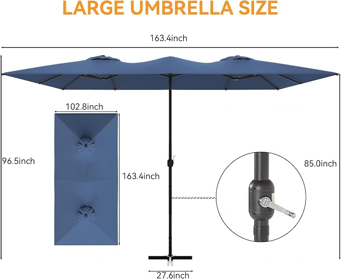 8 PCS Outdoor Patio Dining Set with 13.6ft Double-Sided Patio Umbrella,Patio Table and Chairs Metal Outdoor Patio Furniture Set,Dining Table Set with 6 Swivel Chairs,Navy Blue