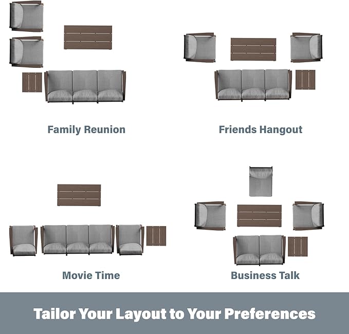 HDPE Patio Conversation Set, 7-Piece All Weather Outdoor Furniture Set with 2 Single Armchairs for Deck, Lawn, with Cushion, Brown