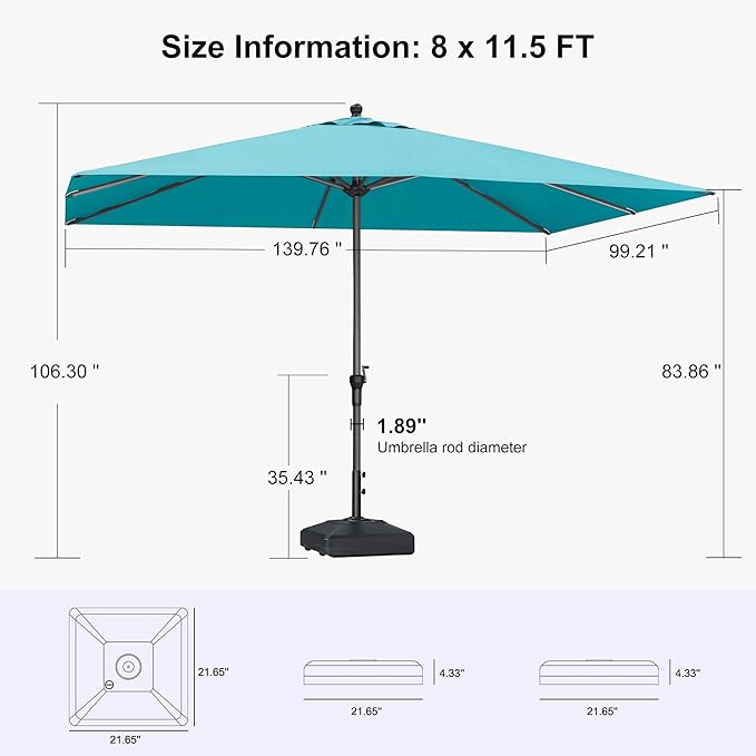 PURPLE LEAF 11.5' x 8' Rectangle Patio Market Umbrella with Base Outdoor Table Umbrellas Aluminum Frame Sun Shade with 8 Sturdy Ribs for Garden Deck Lawn Pool Turquoise Blue