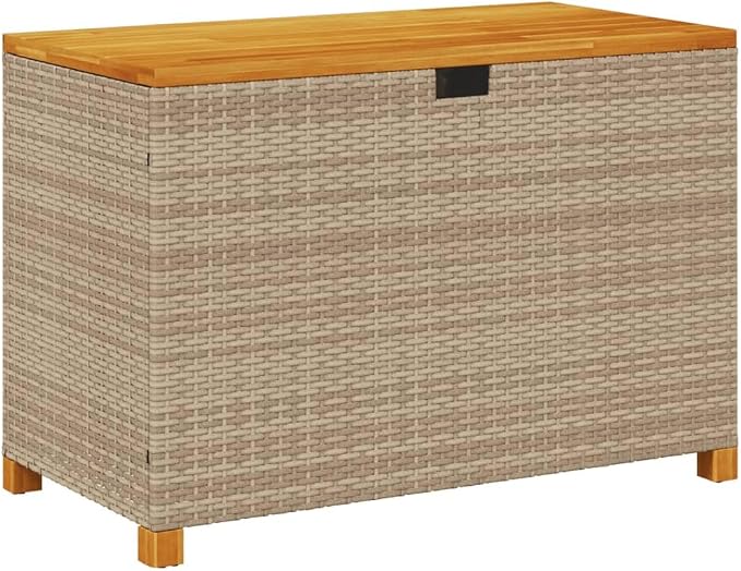 Patio Storage Box Beige 43.3"x21.7"x24.8" Poly Rattan Acacia Wood,Garden Storage Box with Bench Durable PE Rattan and Acacia Wood for Outdoor Patio Storage Boxes, Storage Boxes,