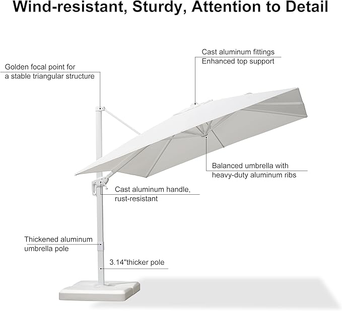 PURPLE LEAF 9 FT Patio Umbrella With Base White Cantilever Umbrella Square Outdoor Offset Umbrella Windproof with 360° Rotation for Garden Deck Pool, White