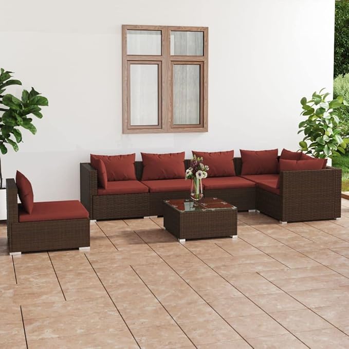 7 Piece Patio Lounge Set with Cushion, Furniture Conversation Sets Piece Patio Set Outdoor Patio Sectional Patio Lounge Set s Poly Rattan Brown