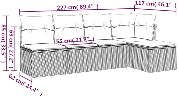 5 Piece Patio Sofa Set with Cushions, Garden Lounge Set Patio Conversation Set Outdoor Sofa Sets Sectional Sofa for Exhibition Negotiation Area Poolside Piazza Black Poly Rattan