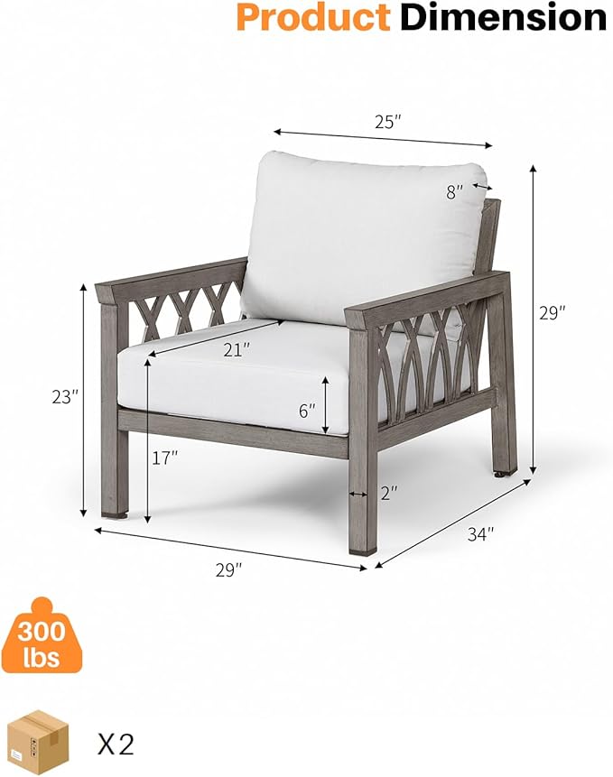 Outdoor Aluminum Armchairs Set of 2, Patio Sofa Chairs with Cushions, Deep Seating Outdoor Patio Club Chairs, Weather-Resistant Patio Furniture Set for Garden, Balcony, Limed Oak