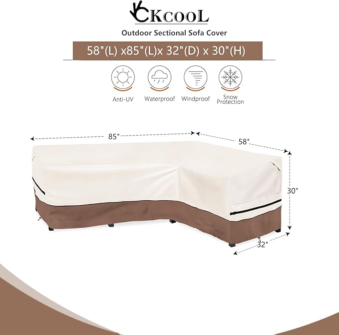 okcool Outdoor Sectional Sofa Cover Waterproof-L-Shaped Patio Furniture Covers for 4-Seater Outdoor Sectional Furniture Couch 85”W (Back Length) x 58”W (Right Side),Beige & Brown