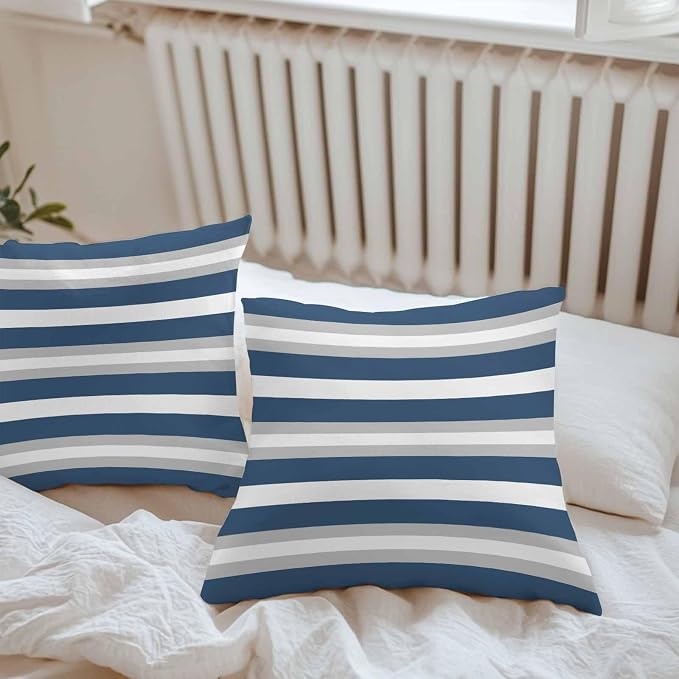 Throw Pillow Covers 18x18 Inch Set of 2, Navy Blue Grey Stripe Waterproof Outdoor Pillow Covers, Minimalist Farmhouse Striped Decorative Cushion Pillowcases for Couch, Sofa, Bed, Garden, Patio