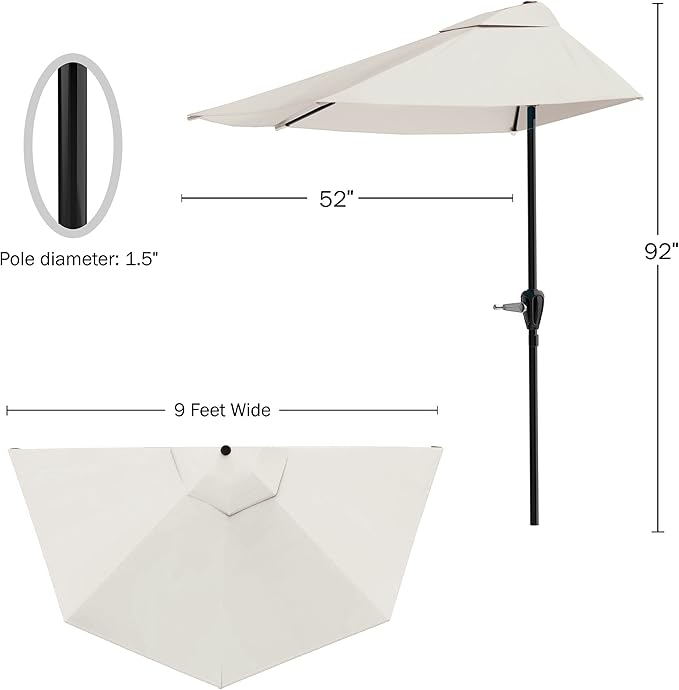 Half Umbrella Outdoor Patio Shade - 9 ft Patio Umbrella with Easy Crank - Small Canopy for Balcony, Table, or Deck by Pure Garden (Champagne)