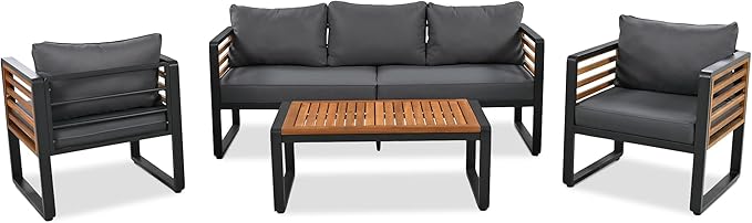 4-Pieces Outdoor Patio Sectional Sofa Set with Coffee Table, All-Weather 5 Person Conversation Set with Thick Cushions and Pillows for Garden Backyard Balcony, Acacia Wood Tabletop (Gray-N74)