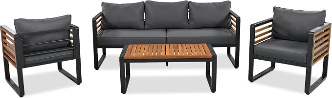 Merax 4-Piece Large Size Outdoor Conversation Sofa Set, Metal and Acacia Wood Frame Sofa with Removable Cushions, Waterproof & UV-Resistant, 5-Person Patio Furniture for Garden Backyard, Gray