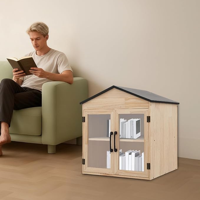 Library Box Outdoor Wood Color + Black Wooden Book Cabinet | Waterproof with 4 Compartments and 2 Doors for Home, School, Community Sharing Books, Newspapers, Flyers, Food and Drug