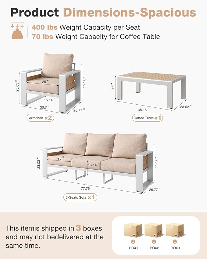 Aoxun Aluminum Patio Furniture Set, 5 Seats Luxury Outdoor Sectional with 6" Olefin Fabric Cushions, Patio Conversation Sets with Coffee Table Outdoor Sofas for Backyard, Deck, Porch Beige