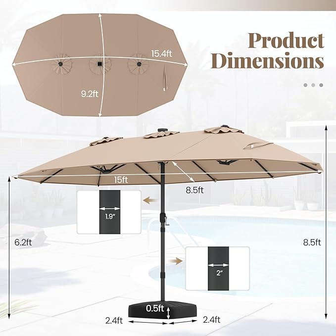Tangkula 15FT Double-Sided Solar Patio Umbrella, Extra-Large Outdoor Twin Umbrella with 48 LED Lights, Vented Top, Crank Handle, 12 Ribs, Weighted Base Included for Backyard Poolside Deck (Tan)