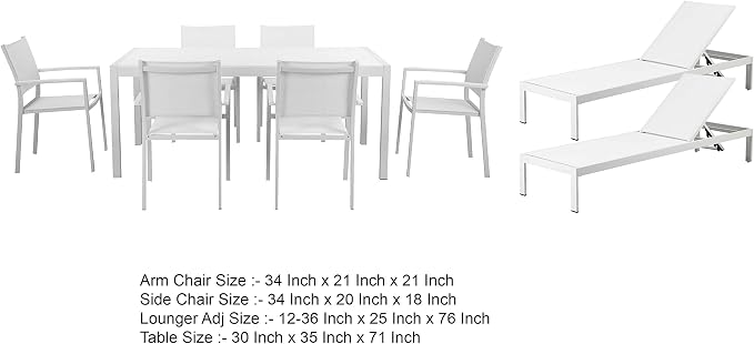 Benjara Kris 9 PC Patio Dining & Lounge Set- White Textilene Seating- Aluminum