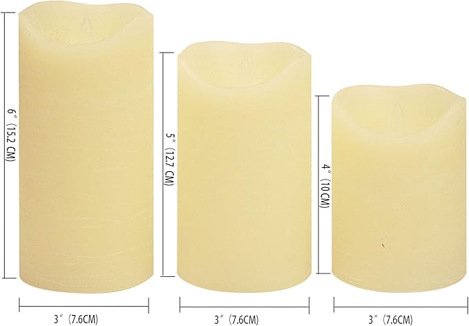 CANDLE CHOICE Real Wax Battery Operated Flameless Candles with Remote Automatic Daily Cycle Timer Realistic Flickering Electric LED Pillars Wedding Party Holiday Decorations 3 PCS Rustic Texture Ivory
