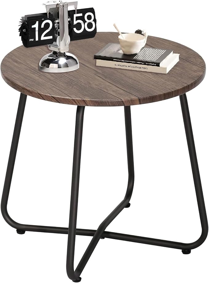 VECELO 17.7 inch Small Round Outdoor Side Table,Patio End Table,Waterproof Wood Table with Weather Resistant Steel Adjustable Feet for Living Room Bedroom Garden Yard Balcony Porch Poolside