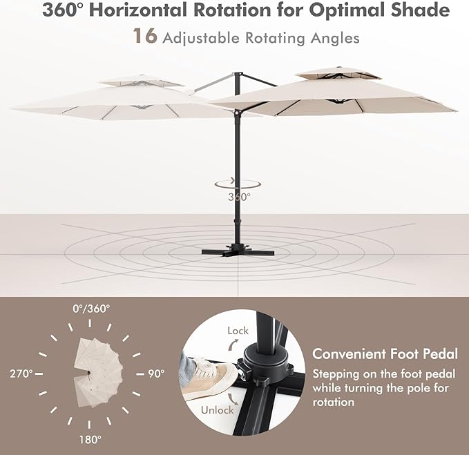Tangkula 9.5 FT Cantilever Patio Umbrella, Outdoor Square Offset Umbrella with 360° Rotation, Double Top Heavy Duty Patio Hanging Umbrella with Cross Base for Garden Deck Pool Backyard (Beige)