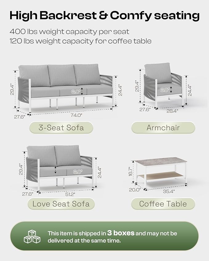 Aluminum Patio Furniture Set, 4 Seats Modern Outdoor Sectional Furniture with PE Rope & Dual-Layer Coffee Table, Luxury Patio Conversation Sets with 6" Cushions for Backyard/Garden, White
