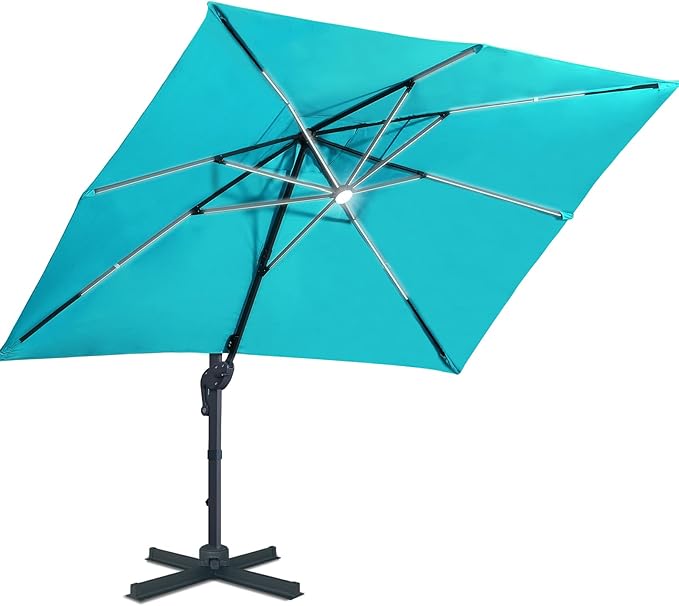 Sunnyglade 10x13ft Solar Powered LED Cantilever Patio Umbrella Square Deluxe Offset Umbrella 360°Rotation & Integrated Tilting System & LED lights for Market Garden Deck Pool Backyard Patio