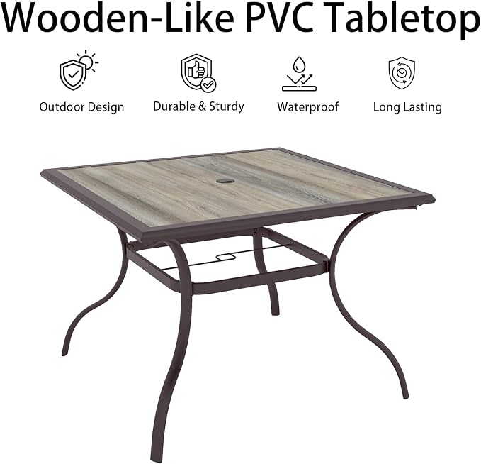 Anmutig Outdoor Dining Table with Square Wooden-Like PVC Table Top and Umbrella Hole for Bistro, Garden, Poolside, Backyard -Laminated Top Brown Metal Steel Frame