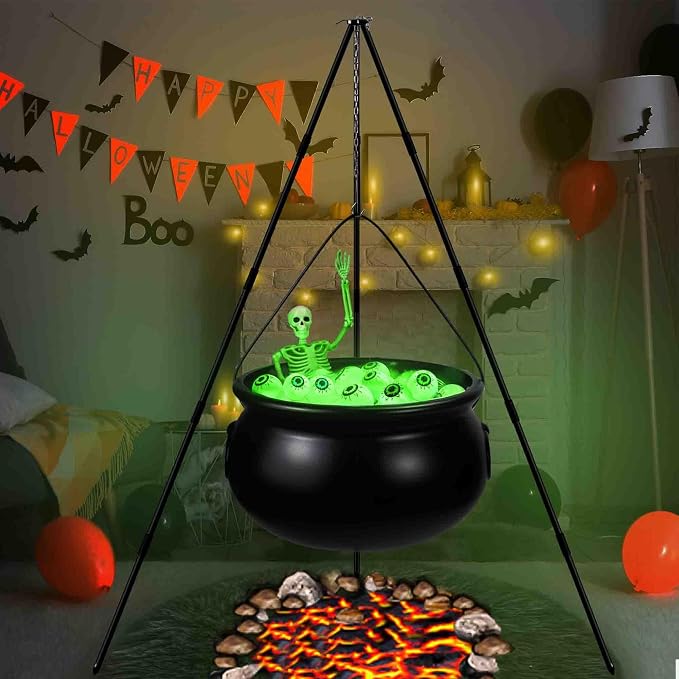 Halloween Outdoor Decorations, Witches Cauldron for Yard Decorations, Witch Decor Indoor, Halloween Witch Cauldron with Tripod with Eyeballs String Lights and Skeleton for Home & Porch Decor