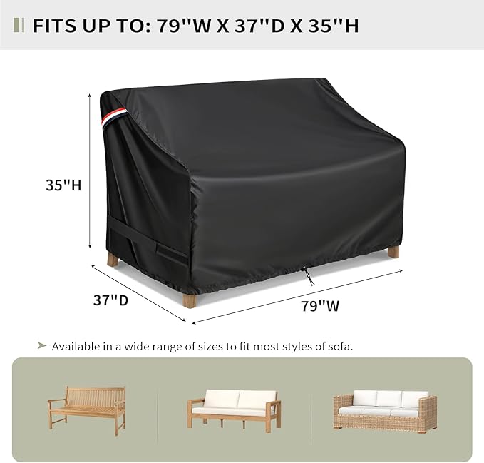 KylinLucky Heavy Duty Patio Sofa Cover 79W x 37D x 35H inches, Waterproof 3-Seater Outdoor Couch Cover for Loveseat & Bench with Air Vents, All-Weather Black Furniture Protector