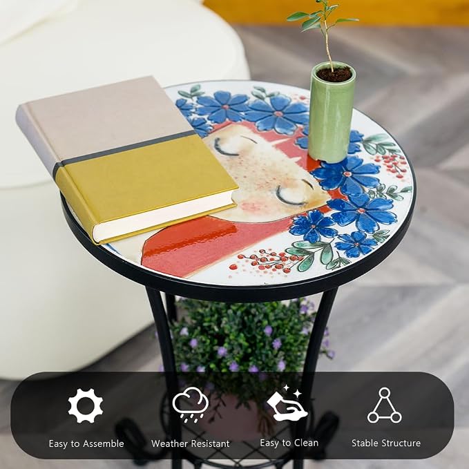 14 Inch Mosaic Patio Side Table with Scroll Legs, Indoor Outdoor Accent Round End Table with Ceramic Tile Tops for Yard, Garden, Living Room, Bistro, B - Red Hair Girl