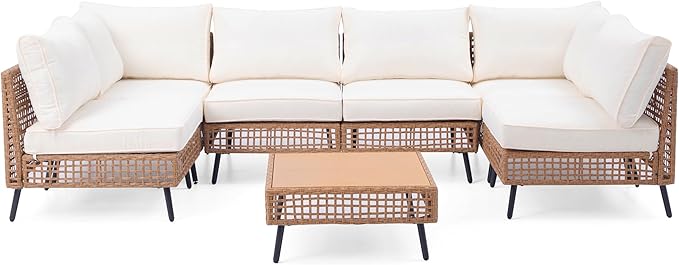 LAUSAINT HOME 7 Pieces Outdoor Sectional Sofa Set, All-Weather PE Wicker Rattan Patio Conversation Set with Thick Cushions & Coffee Table, Patio Furniture Set for Garden, Backyard, Porch (Beige)