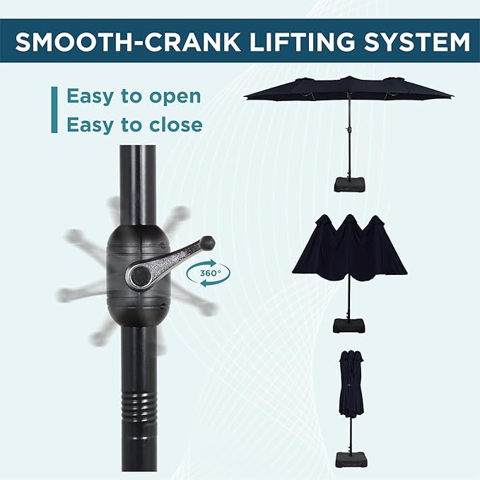 15FT Extra Large Patio Umbrella with Base Included, Heavy Duty Rectangle Outdoor Market Umbrella with 12 Strong Ribs for Patio, Garden, Lawn, Deck & Pool