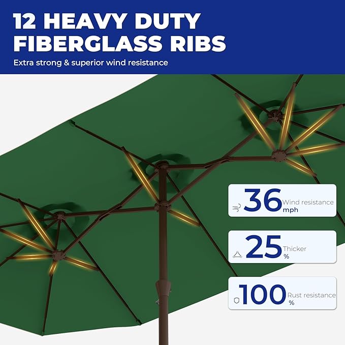 BRIOPAWS 15-FT-Large-Patio-Umbrella-with-Base | Double-Sided | Outdoor Table Umbrellas | w/Crank Handle | 12 Sturdy Fiberglass Rib | UV-Protection | for Garden Deck Backyard Pool | Forest Green