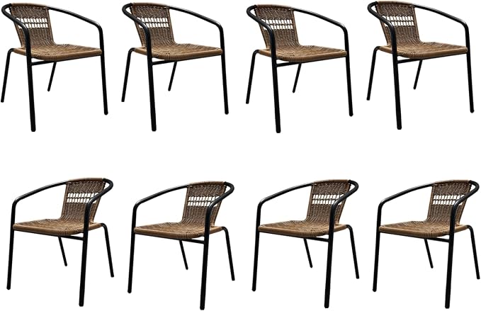 8 Pack Brown Stackable Outdoor Rattan Chairs, All-Weather Patio Seating for Balcony Porch Lawn, Small Patio Furniture Set for Front Porch Decor & Outdoor Spaces