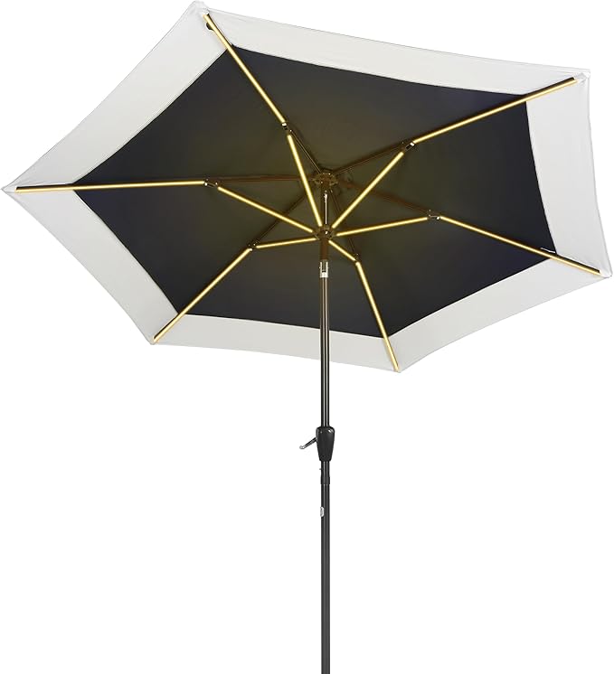 JONATHAN Y Spencer 9 ft. Solar Powered LED Patio Umbrella with Crank and Tilt, Hexagon Outdoor Market Sunshade for Garden, Deck and Pool, Navy/White, Dark Brown Pole UMB1100A