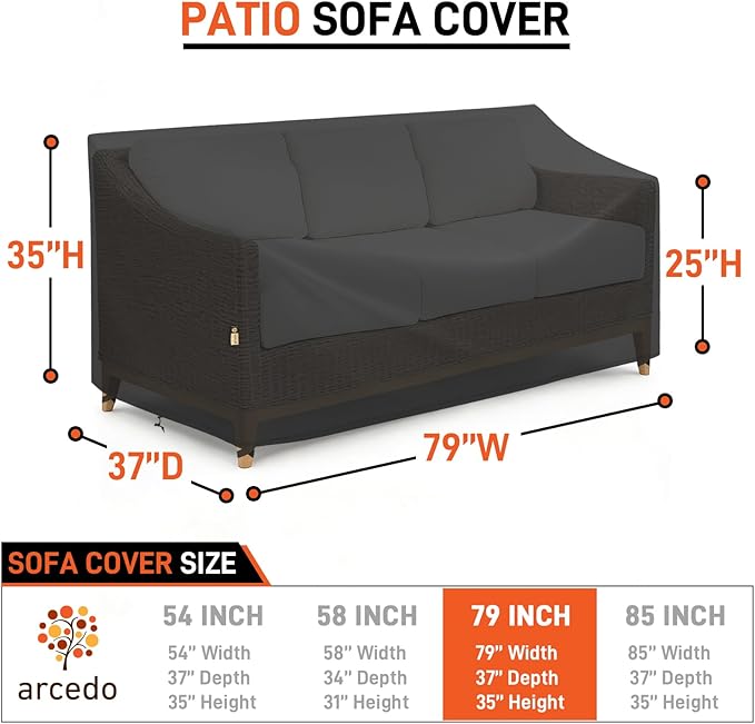 Arcedo Waterproof 3-Seater Furniture Cover, Outdoor Couch Cover for Patio Sofa, All Weather Protection for Chair Seat, 79" W x 37" D x 35" H, Black