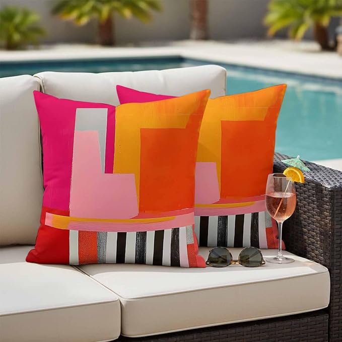 JasmineM Outdoor Pillow Cover 26x26 Inches Set of 2 Abstract Pink Orange Red Waterproof Throw Pillow Covers Painting Modern Art Decorative Pillowcases Garden Cushion Case for Patio Couch Sofa