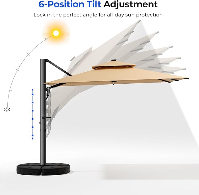 HOMSHADE 10 ft Square Cantilever Patio Umbrella with Base Included, Solar Lights Large Umbrella Outdoor Patio with 360°Rotation&Tilting, LED Lighted Offset Umbrellas w/Stand for Pool Deck