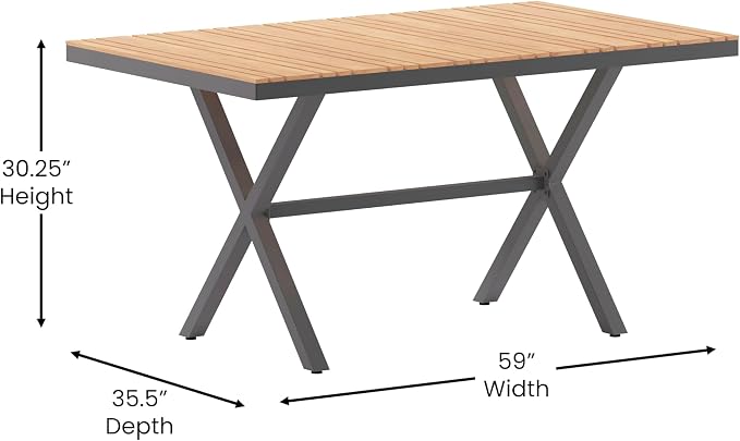 Flash Furniture Finch Commercial Grade X-Frame Outdoor Dining Table 59" x 35.5" with Faux Teak Poly Slats and Metal Frame, Natural/Gray