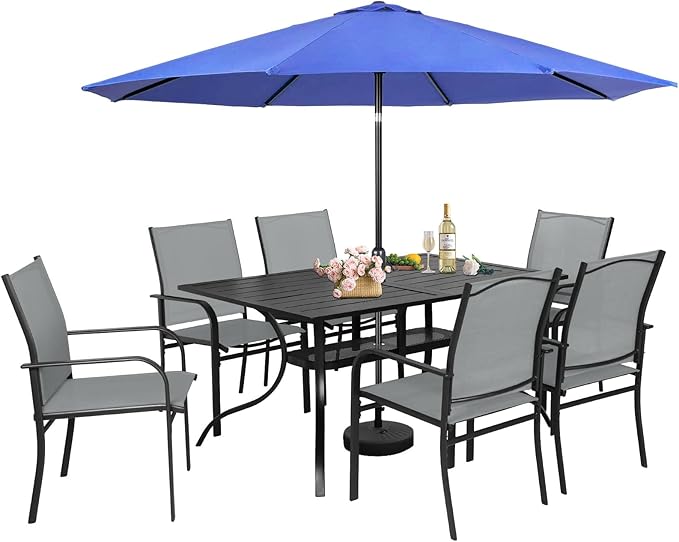 Incbruce 8 Pieces Patio Dining Set with Dark Blue Umbrella, Outdoor Dining Set of 6 Textilene Chairs and Rectangle Table with Umbrella Hole for Backyard, Garden, and Poolside (Grey)