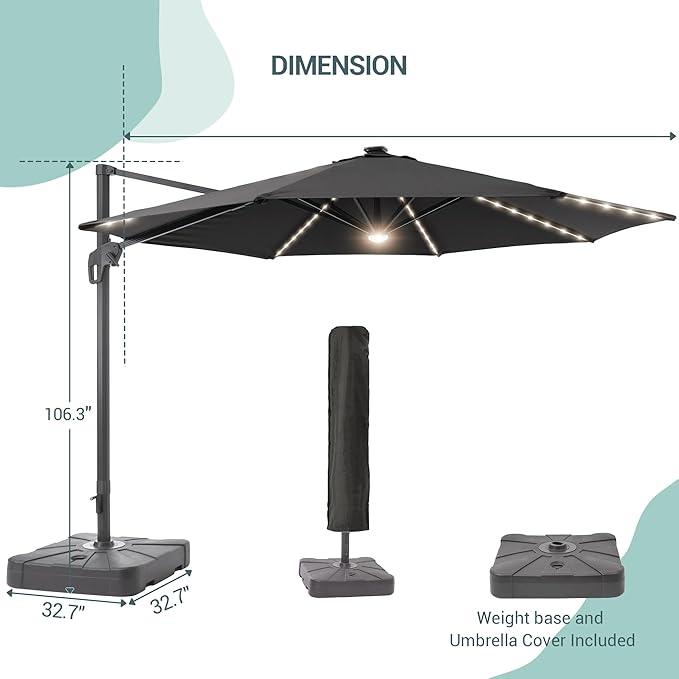 FLAME&SHADE 11 ft Cantilever Offset Patio Umbrella, Large Heavy Duty Outdoor Patio Umbrella Aluminum 360° Rotation Round Outdoor Umbrella for Deck,Pool,Backyard