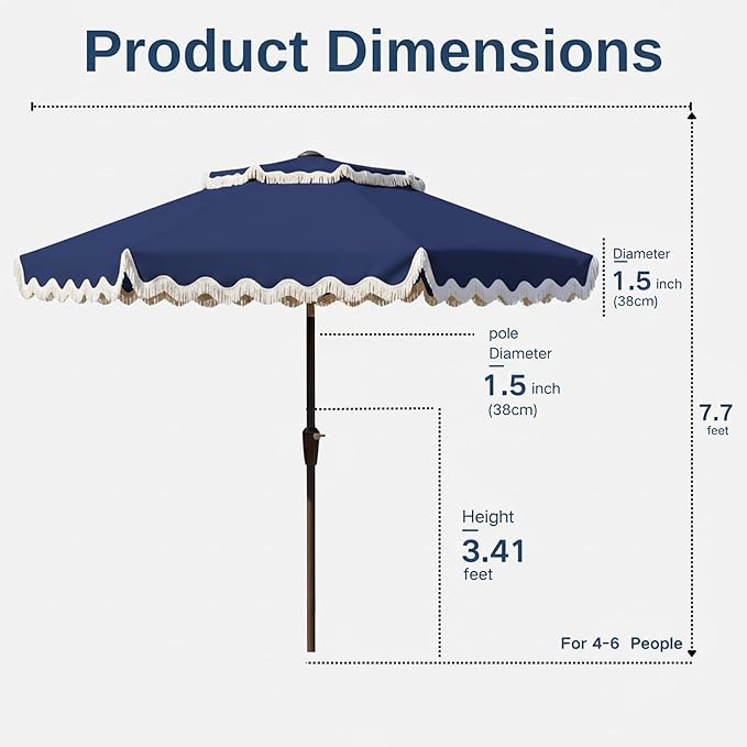 9FT Patio Umbrella with Fringe,Tassel Umbrella with Push-Button Tilt | UPF 50+ & Rust-Resistant Fiberglass Frame for Patio, Pool,Garden,Yard(Navy)
